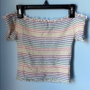 off shoulder stretchy rainbow striped crop top